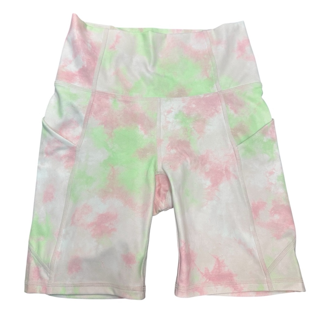 Fabletics Oasis High-Waisted Pocket Short 7'” Pink Green Watercolor Tie Dye